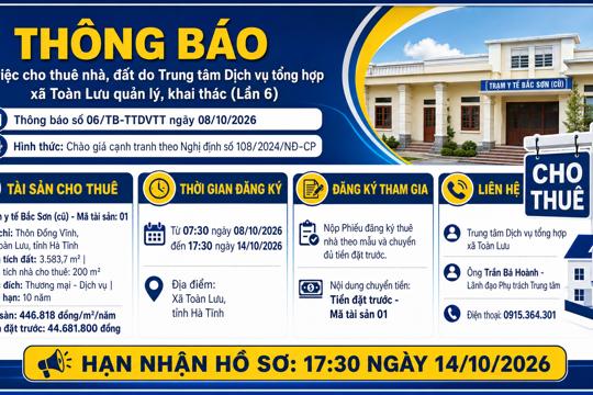 Thông báo về việc cho thuê nhà, đất do Trung tâm Dịch vụ tổng hợp xã Toàn Lưu quản lý, khai thác (Lần 6)