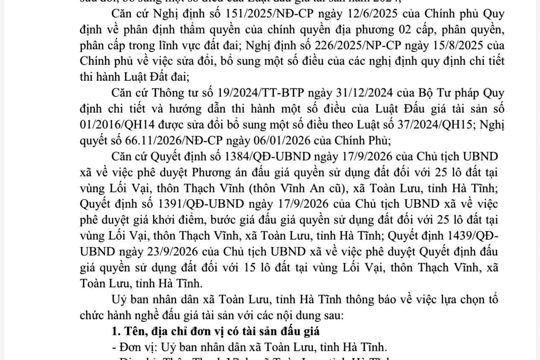 Thông báo về việc lựa chọn tổ chức hành nghề Đấu giá tài sản